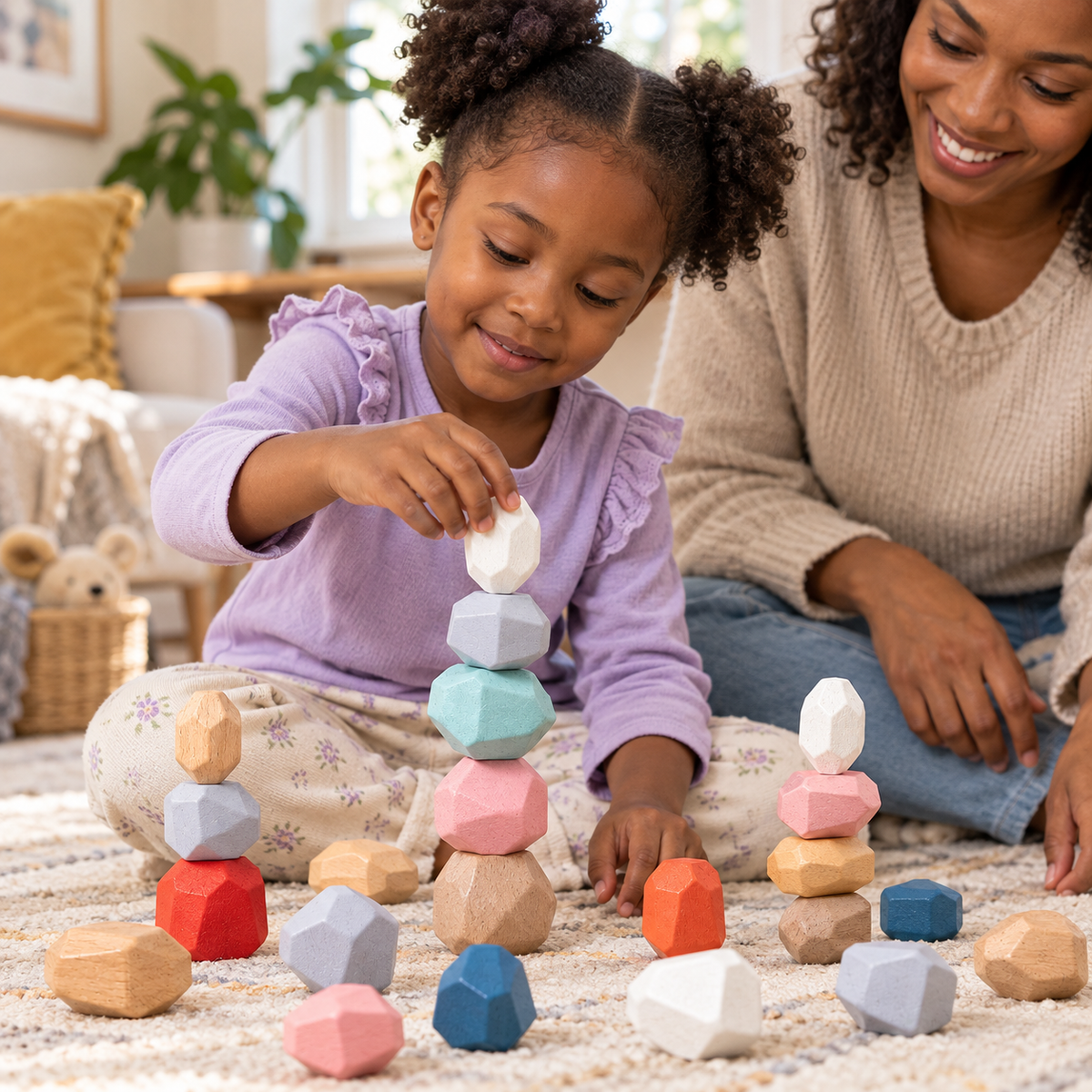 A child using the Wooden Stacking Stones Balancing Set, 36 Pieces during play