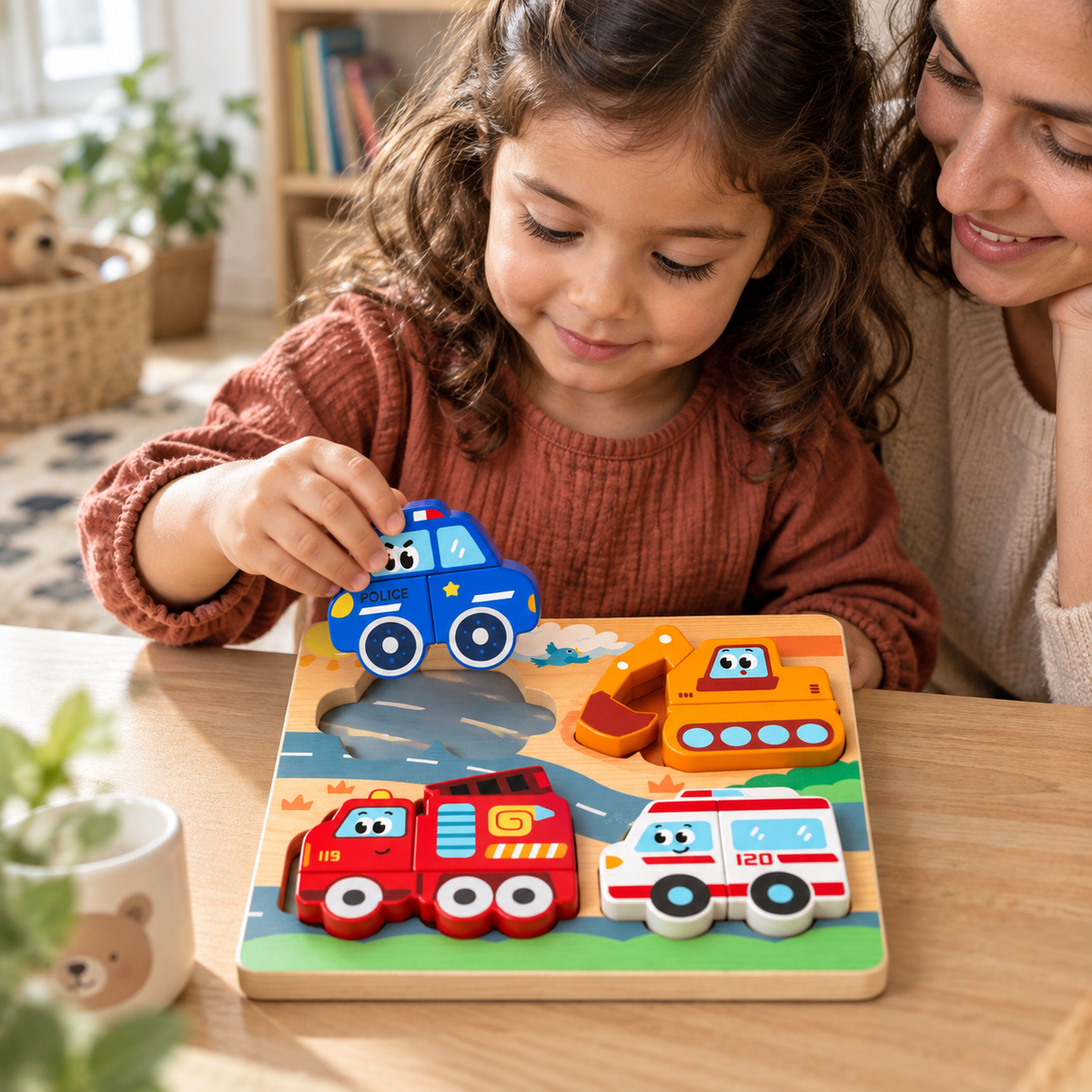 A child using the Wooden Puzzle Board, Animals or Vehicles during play