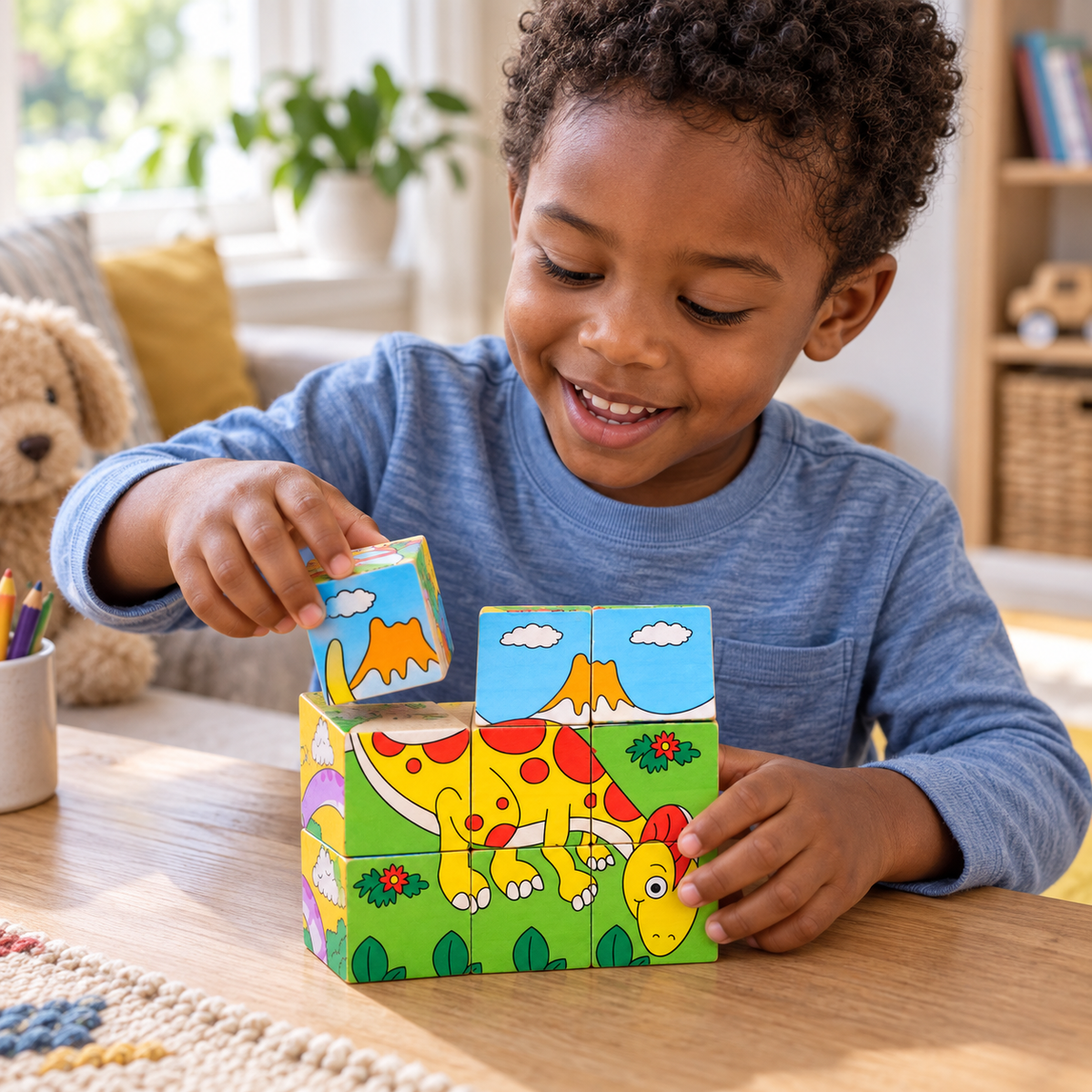 A child using the Wooden Cube Puzzle with 9 Blocks and 6 Pictures during play