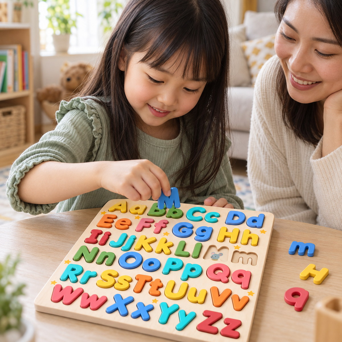 A child using the Wooden Alphabet Puzzle, Uppercase and Lowercase during play