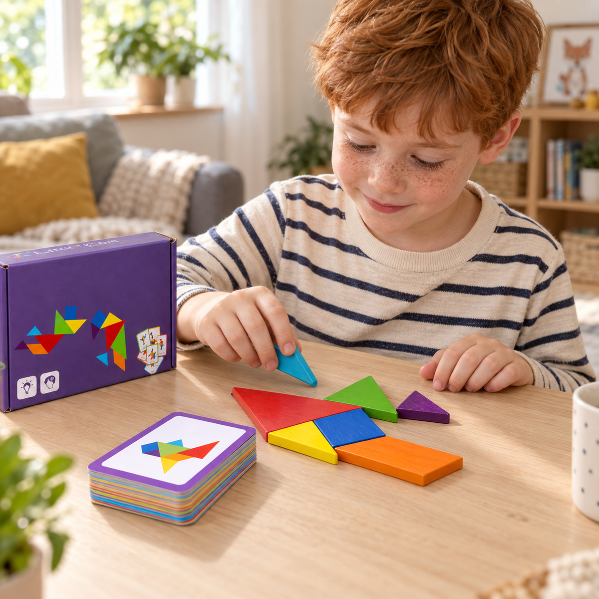 A child using the Wooden Tangram Puzzle with Challenge Cards during play