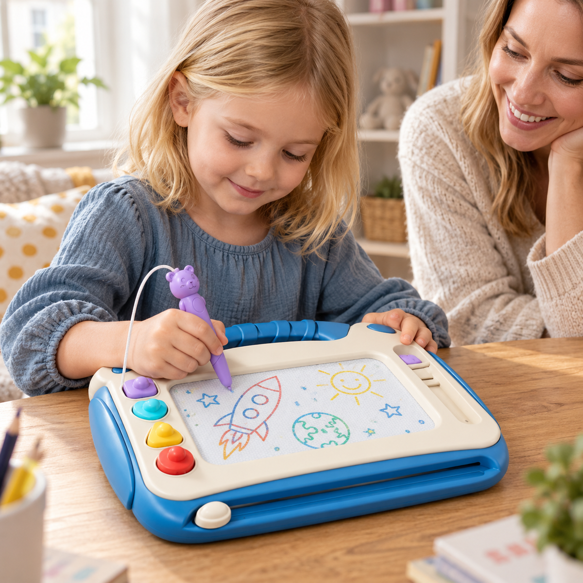 A child using the Magnetic Drawing Board, Blue or Pink during play