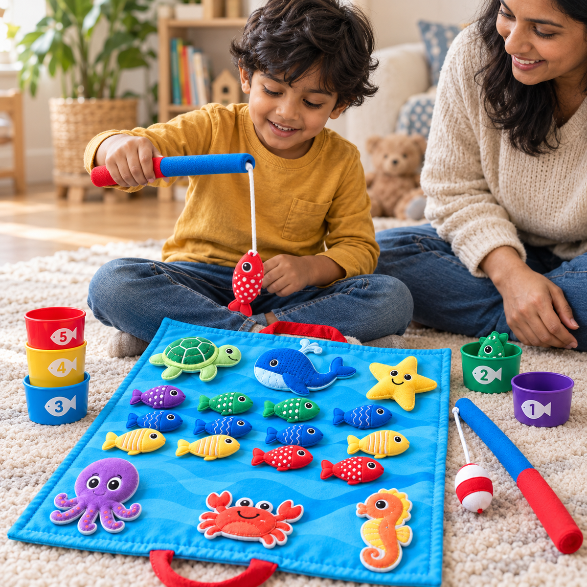 A child using the Fabric Fishing Game with Ocean Play Mat during play