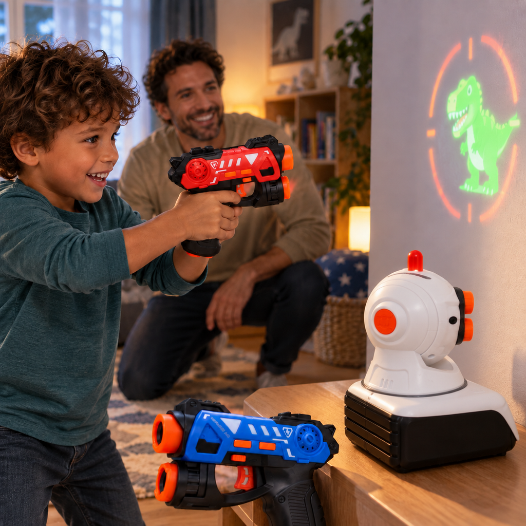 A child using the Laser Tag Projector Game with 2 Blasters during play