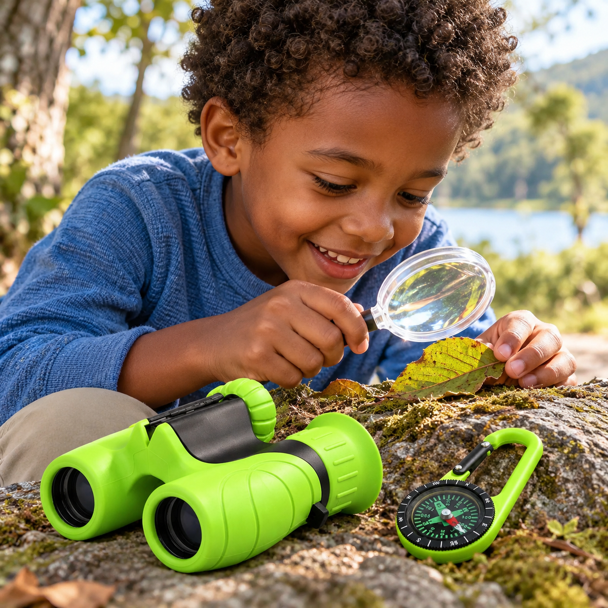 A child using the Kids 8x Binoculars and Explorer Set during play