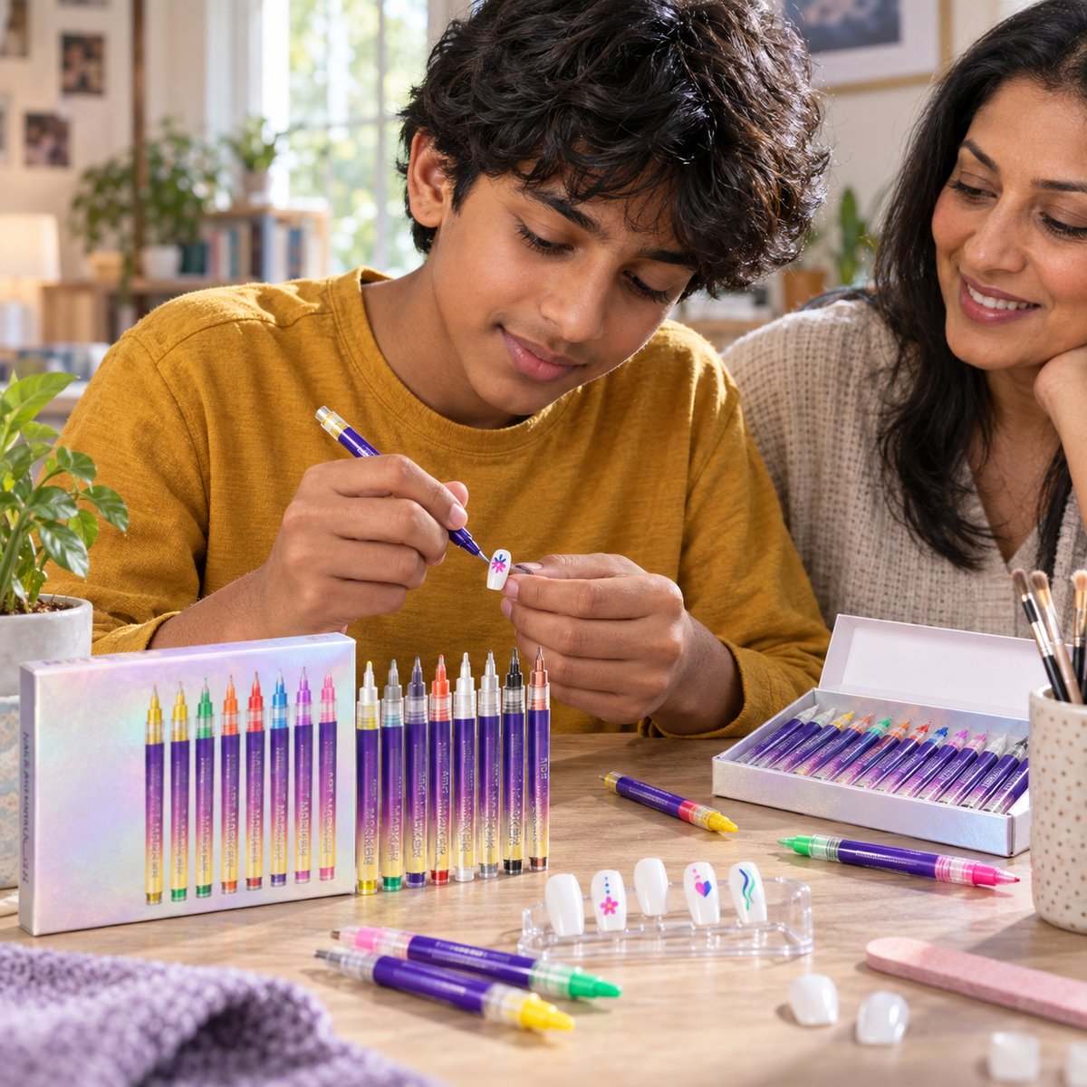 A child using the Nail Art Pens with Fine and Rounded Tips during play
