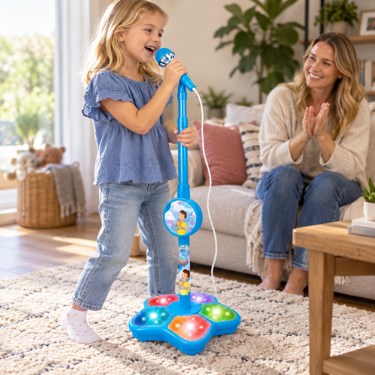 A child using the Kids Karaoke Machine with Microphone and Stand during play