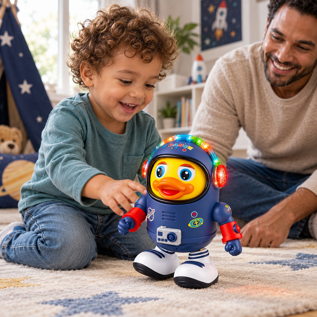 A child using the Dancing Duck Toy, Astronaut with Lights and Music during play