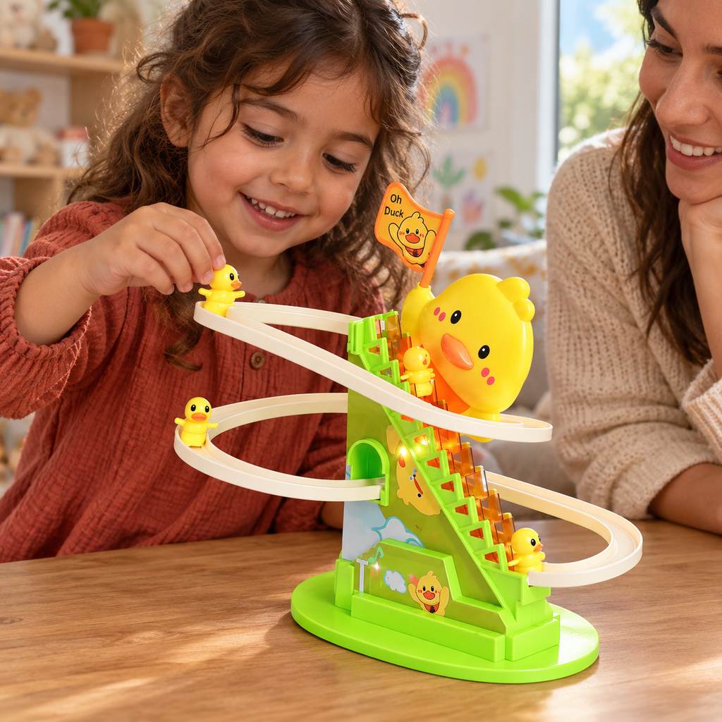 A child using the Stair-Climbing Duck Roller Coaster Toy during play