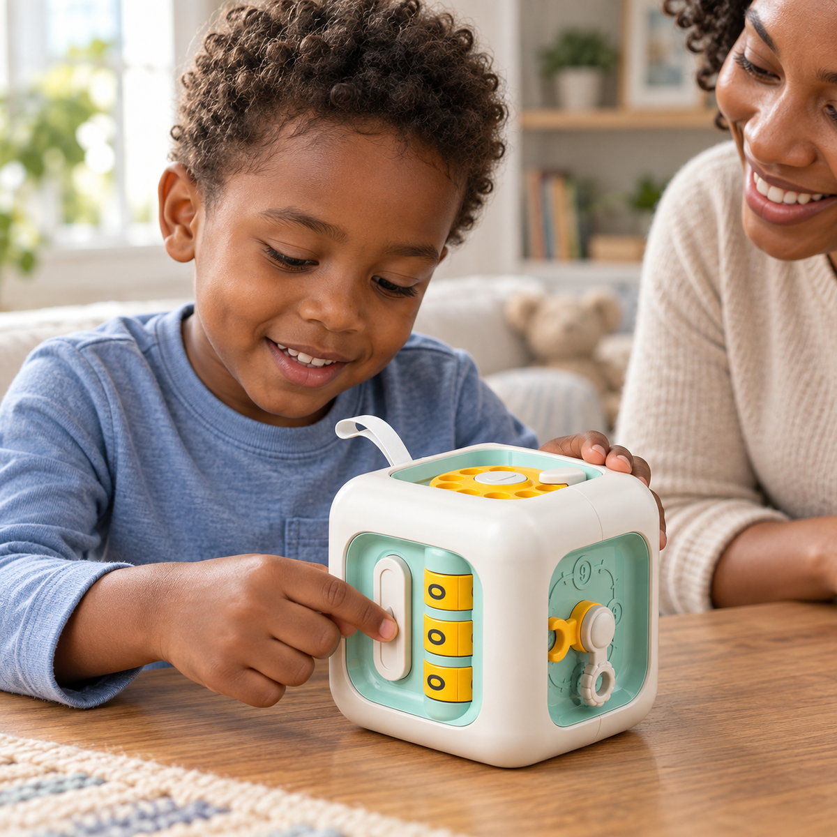 A child using the 6-in-1 Sensory Busy Cube during play