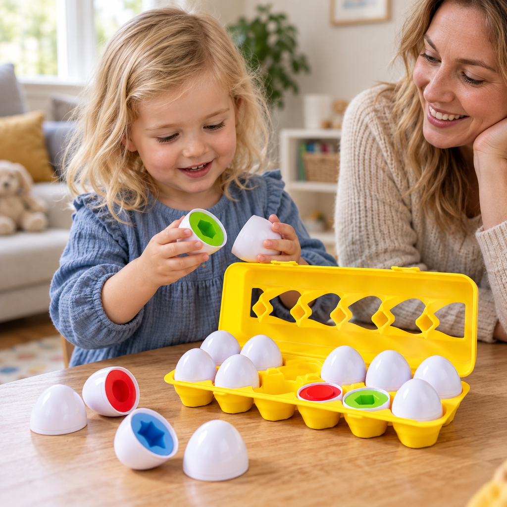 A child using the Colour and Shape Matching Eggs, Set of 12 during play