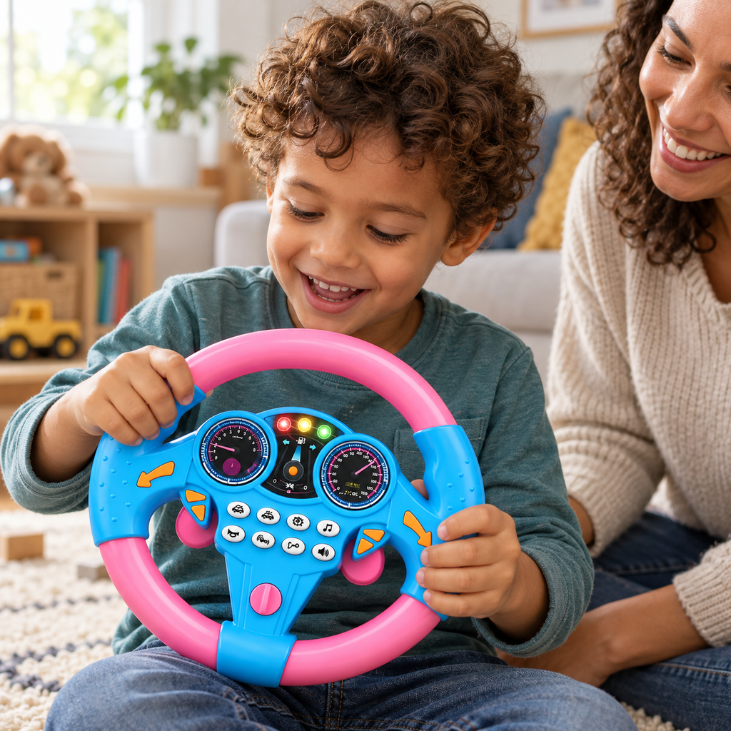 A child using the Musical Steering Wheel Toy with Lights during play