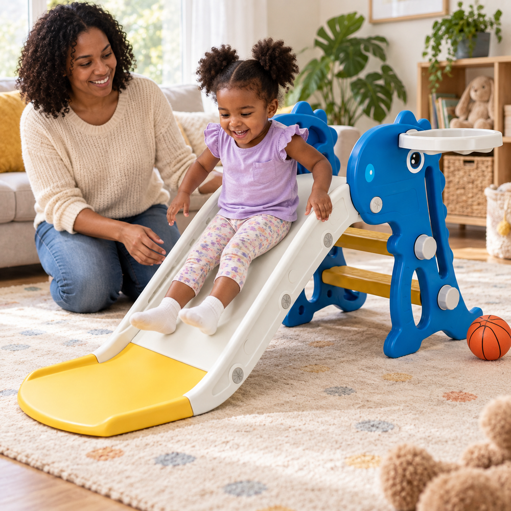 Indoor Dinosaur Slide with Basketball Hoop