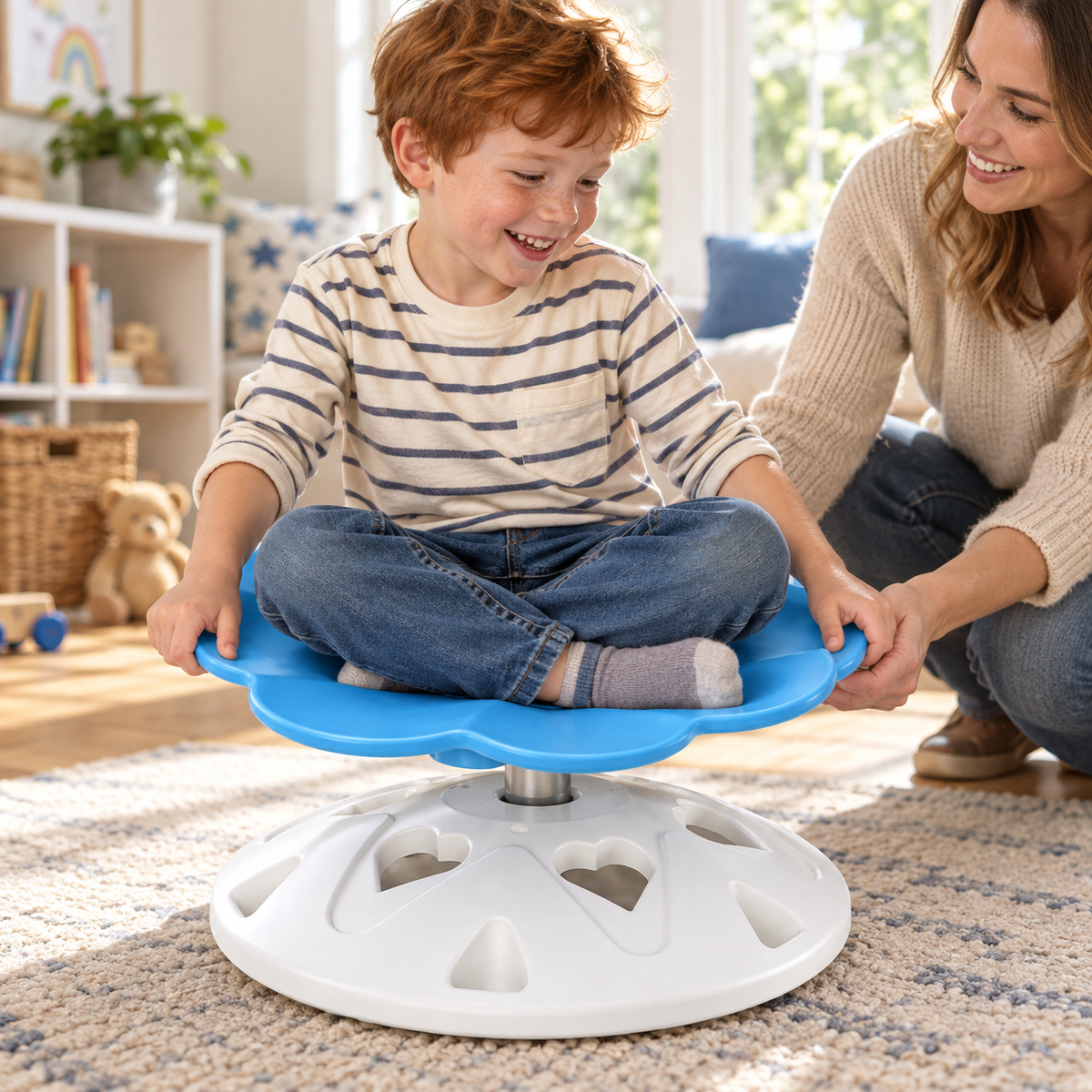 A child using the Sensory Spinning Chair with Flower-Shaped Seat during play