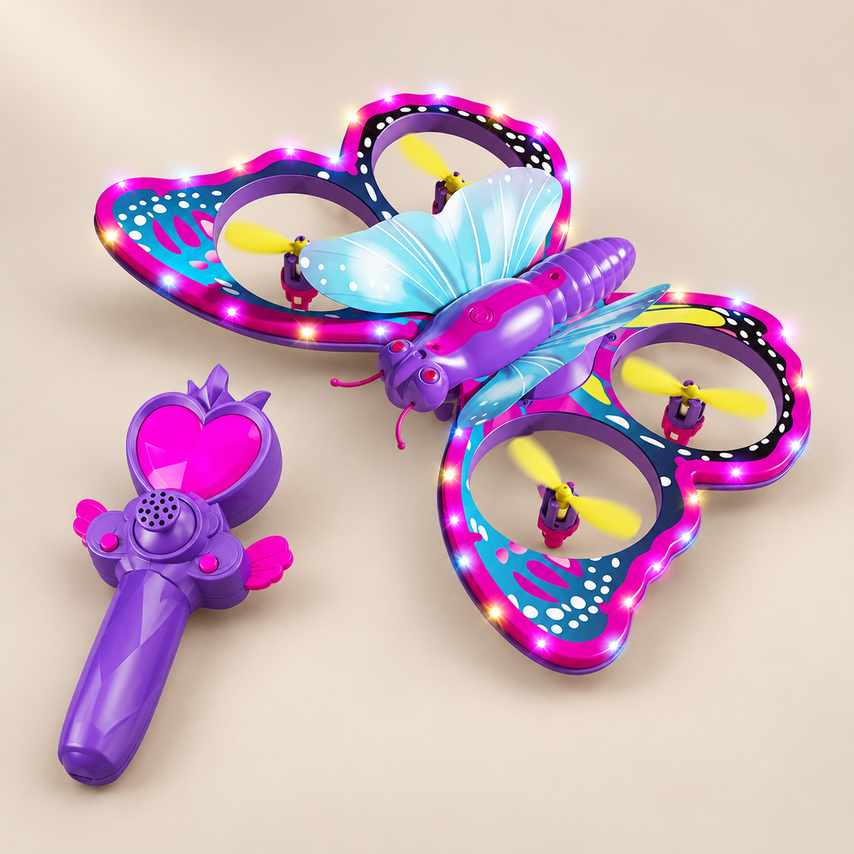 Light-Up Butterfly Remote-Control Drone — Pivoli Toys beige studio photograph