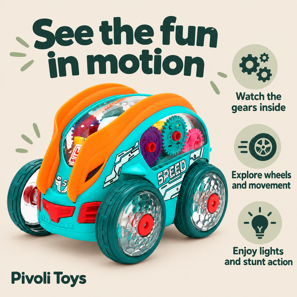 Light-Up Transparent Stunt Car benefits: Watch the gears inside; Explore wheels and movement; Enjoy lights and stunt action