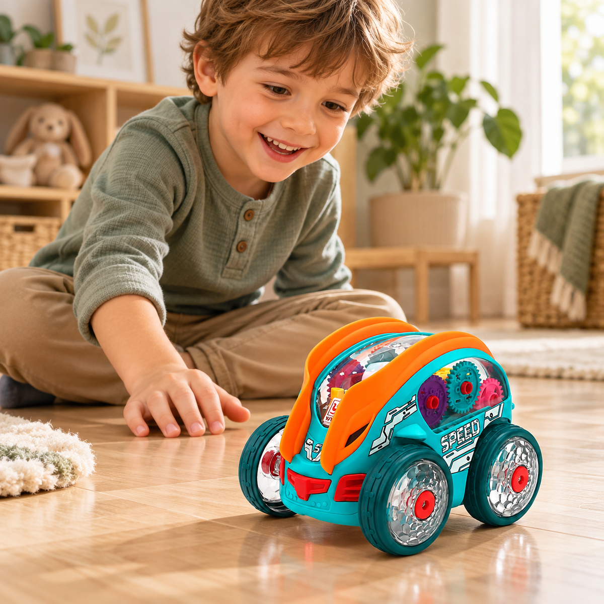Child using the light-up transparent stunt car in a home play setting