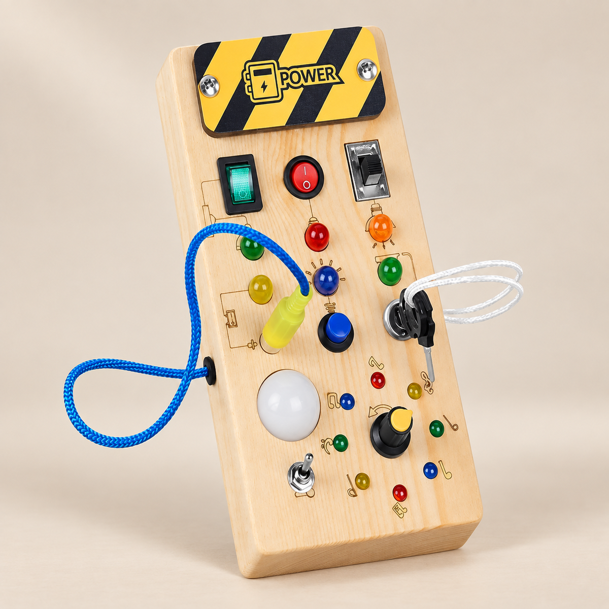Light-Up Wooden Switch Board — Pivoli Toys beige studio photograph