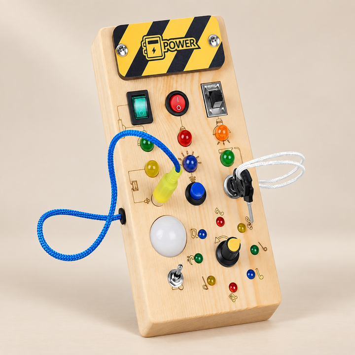 Light-Up Wooden Switch Board — Pivoli Toys beige studio photograph