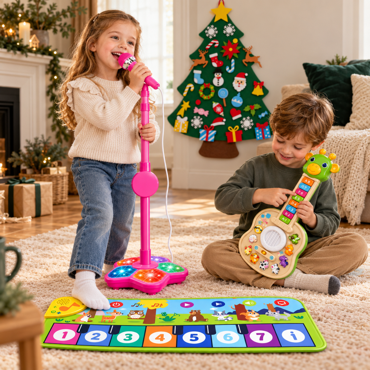 Children playing with the Little Rock Stars Christmas Gift Set