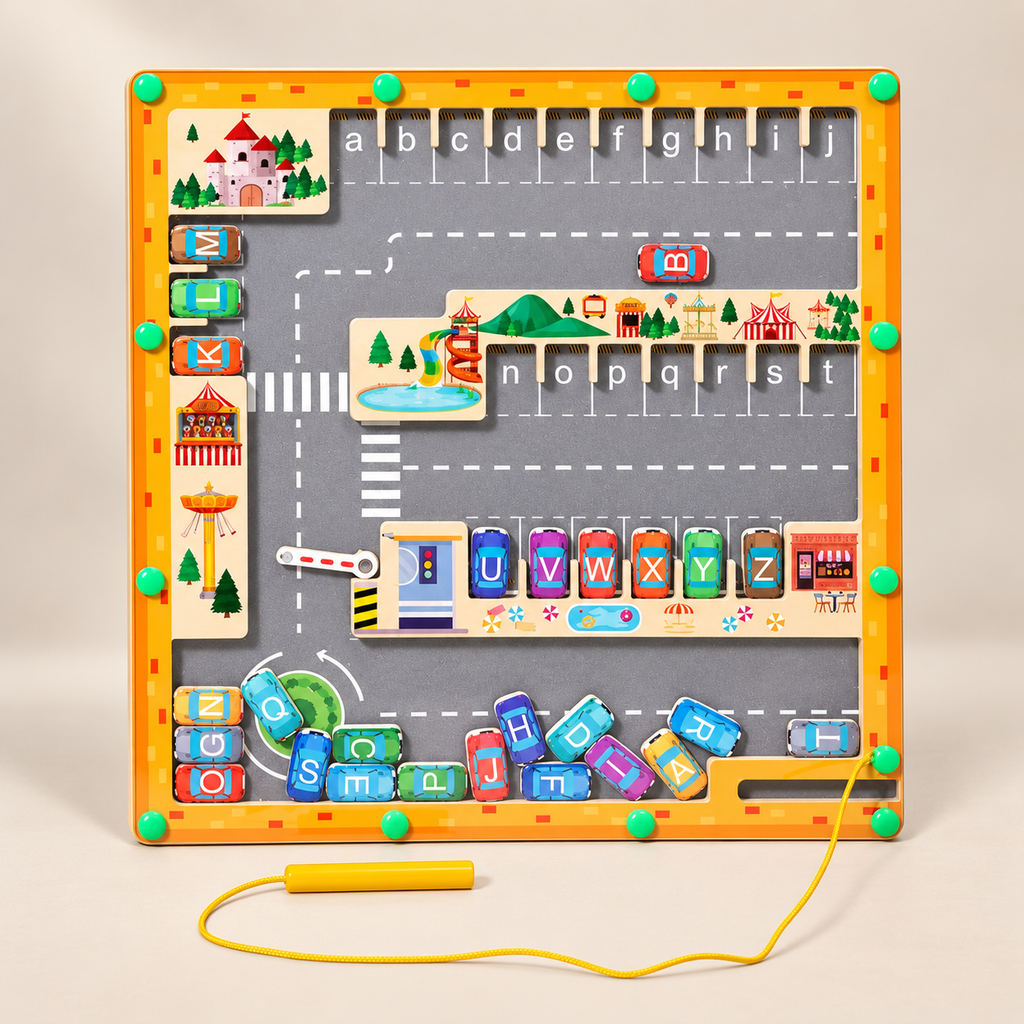Magnetic Alphabet Parking Maze — Pivoli Toys beige studio photograph