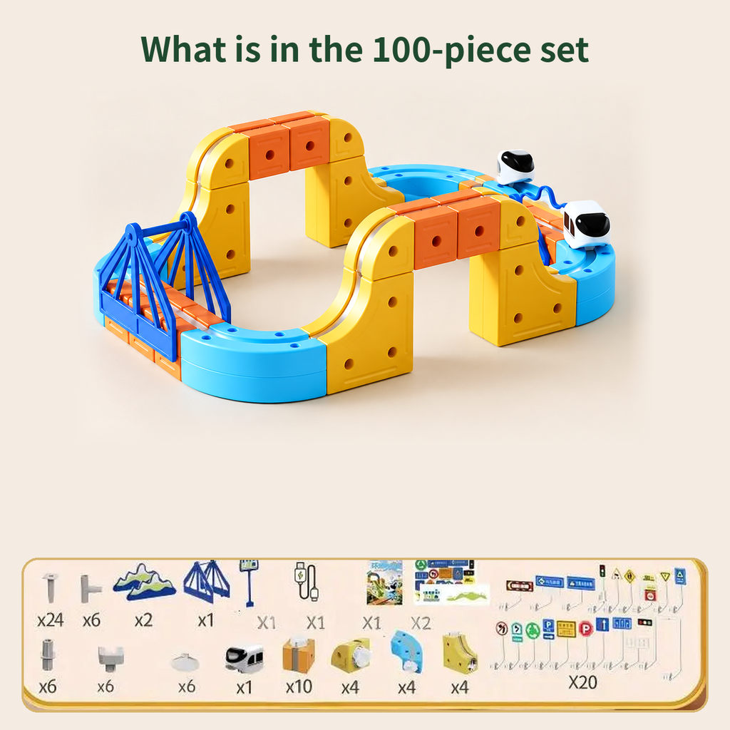 Magnetic Monorail Train Building Set, 100 pieces: example layout and full list of included parts