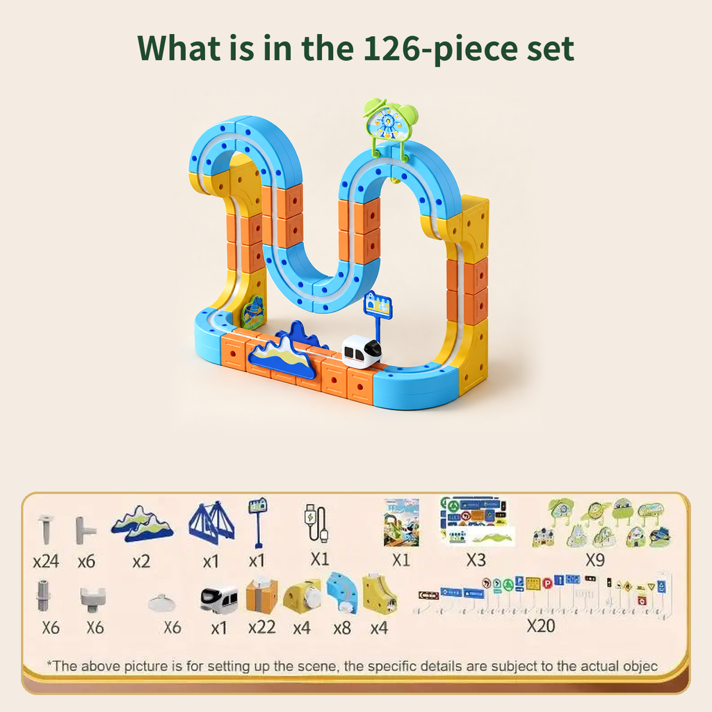 Magnetic Monorail Train Building Set, 126 pieces: example layout and full list of included parts