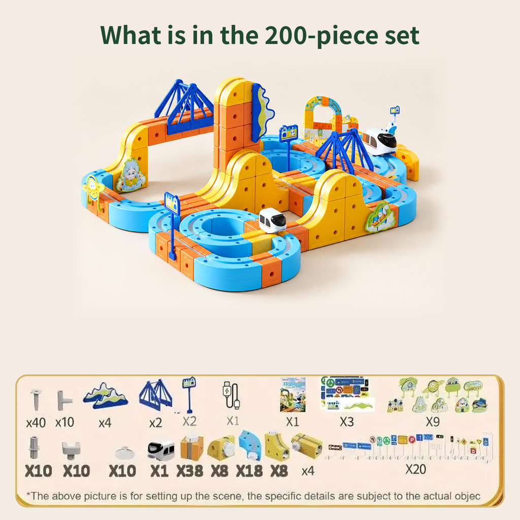 Magnetic Monorail Train Building Set, 200 pieces: example layout and full list of included parts
