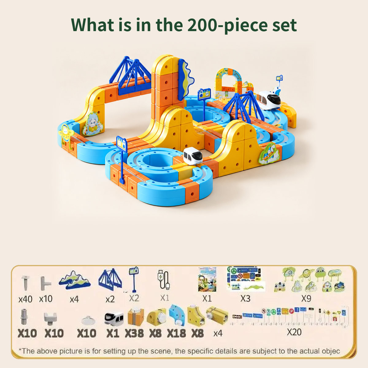 Magnetic Monorail Train Building Set, 200 pieces: example layout and full list of included parts