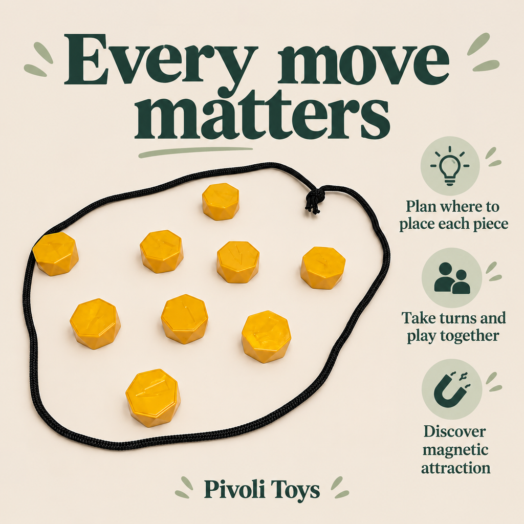 Magnetic Strategy Game benefits: Plan where to place each piece; Take turns and play together; Discover magnetic attraction