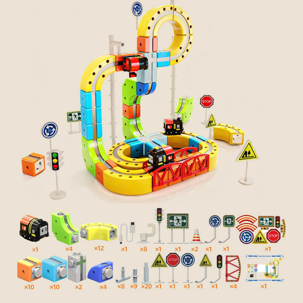Magnetic Train Track Building Set, 105 pieces: built example and full list of included parts