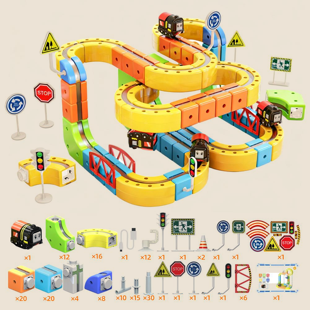 Magnetic Train Track Building Set, 167 pieces: built example and full list of included parts