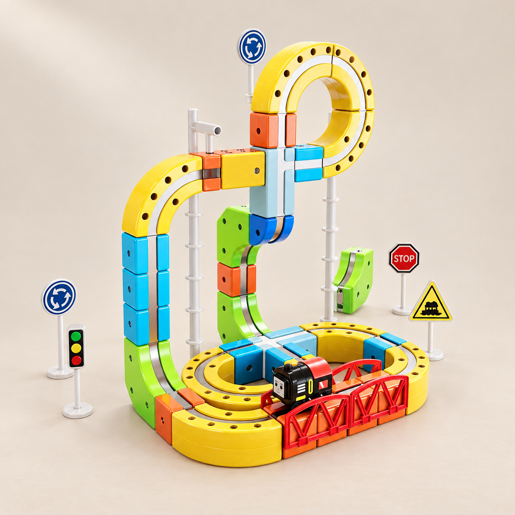 Magnetic Train Track Building Set — Pivoli Toys beige studio photograph
