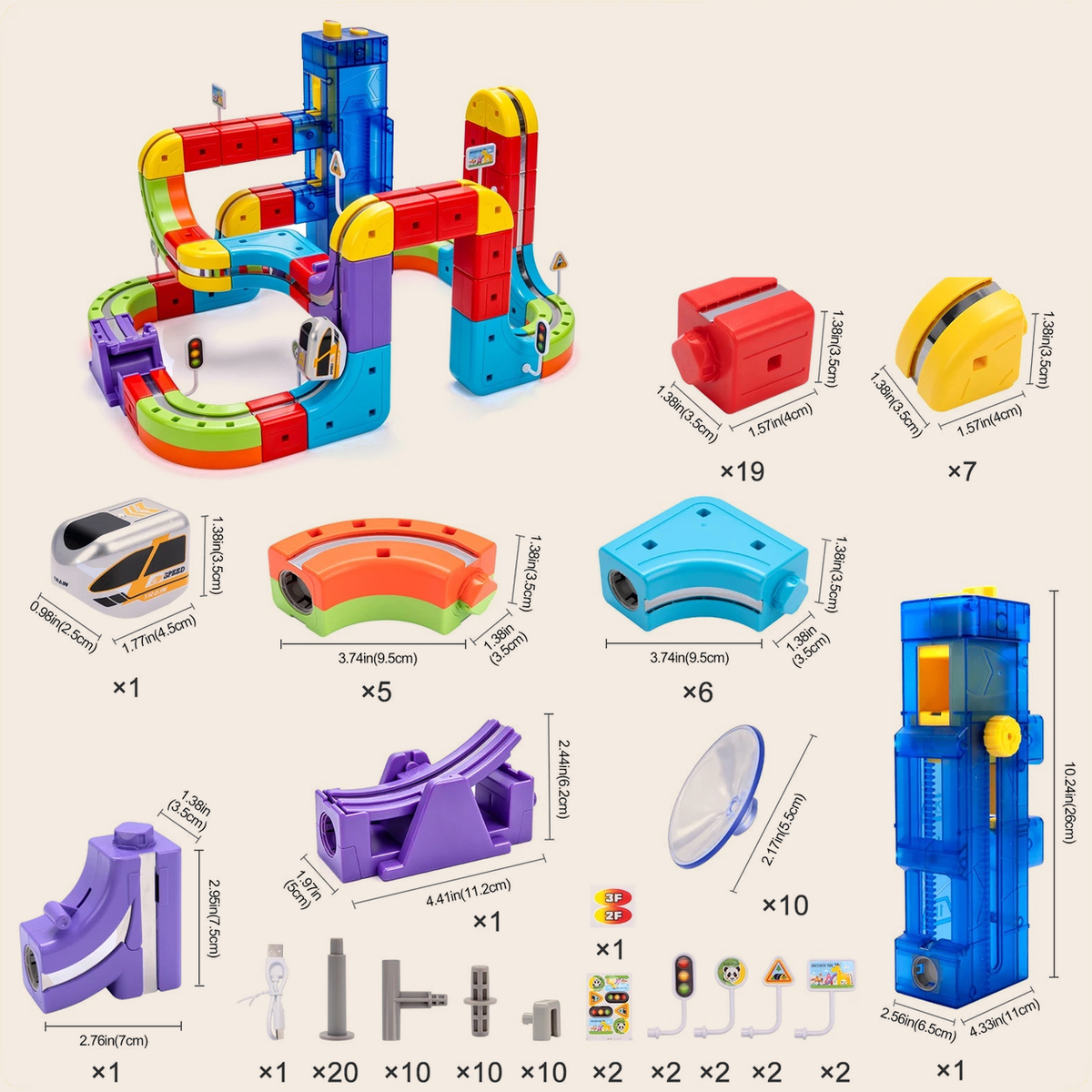 Magnetic Train Track Set with Lift Tower, 113 pieces: example layout and full list of included parts with sizes