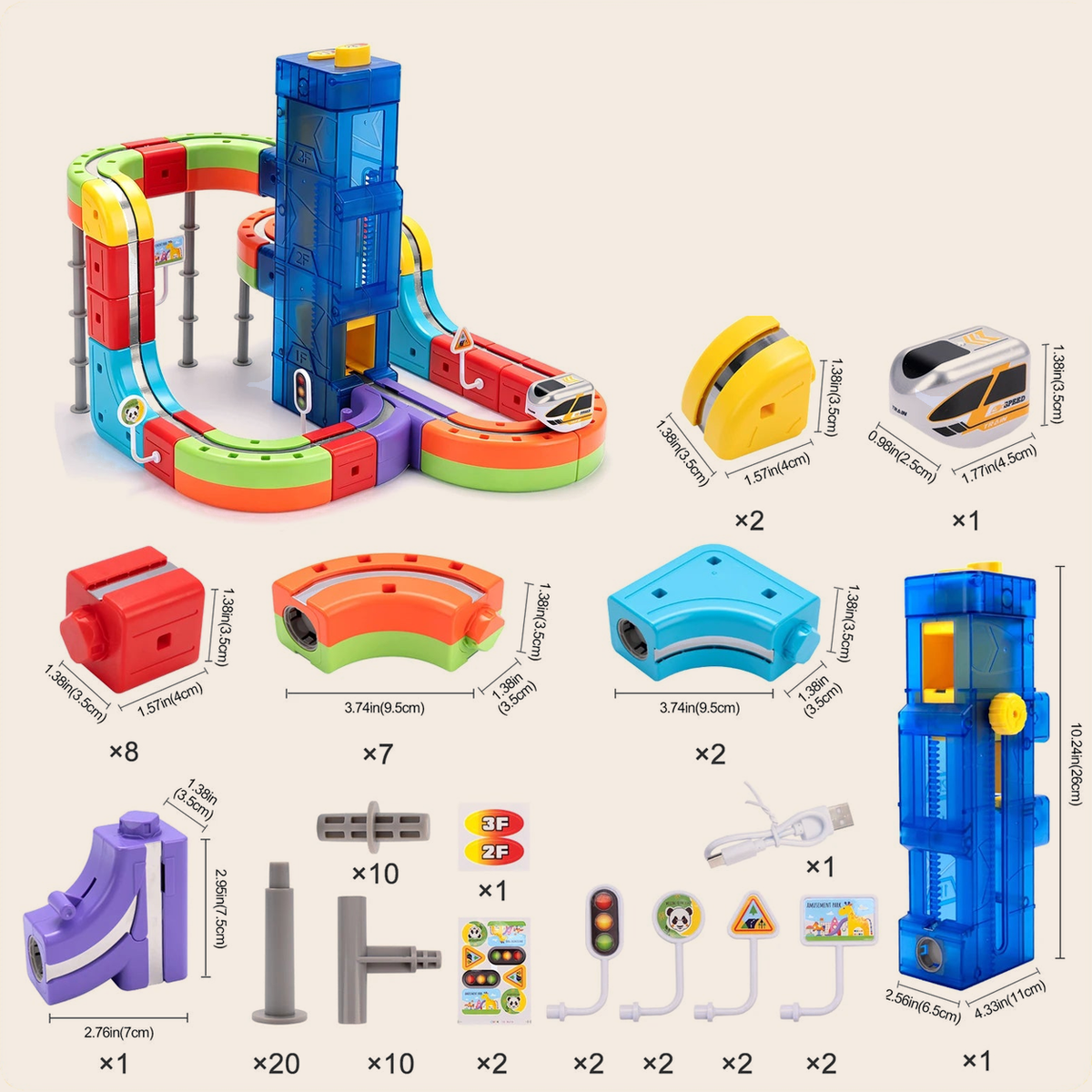 Magnetic Train Track Set with Lift Tower, 74 pieces: example layout and full list of included parts with sizes