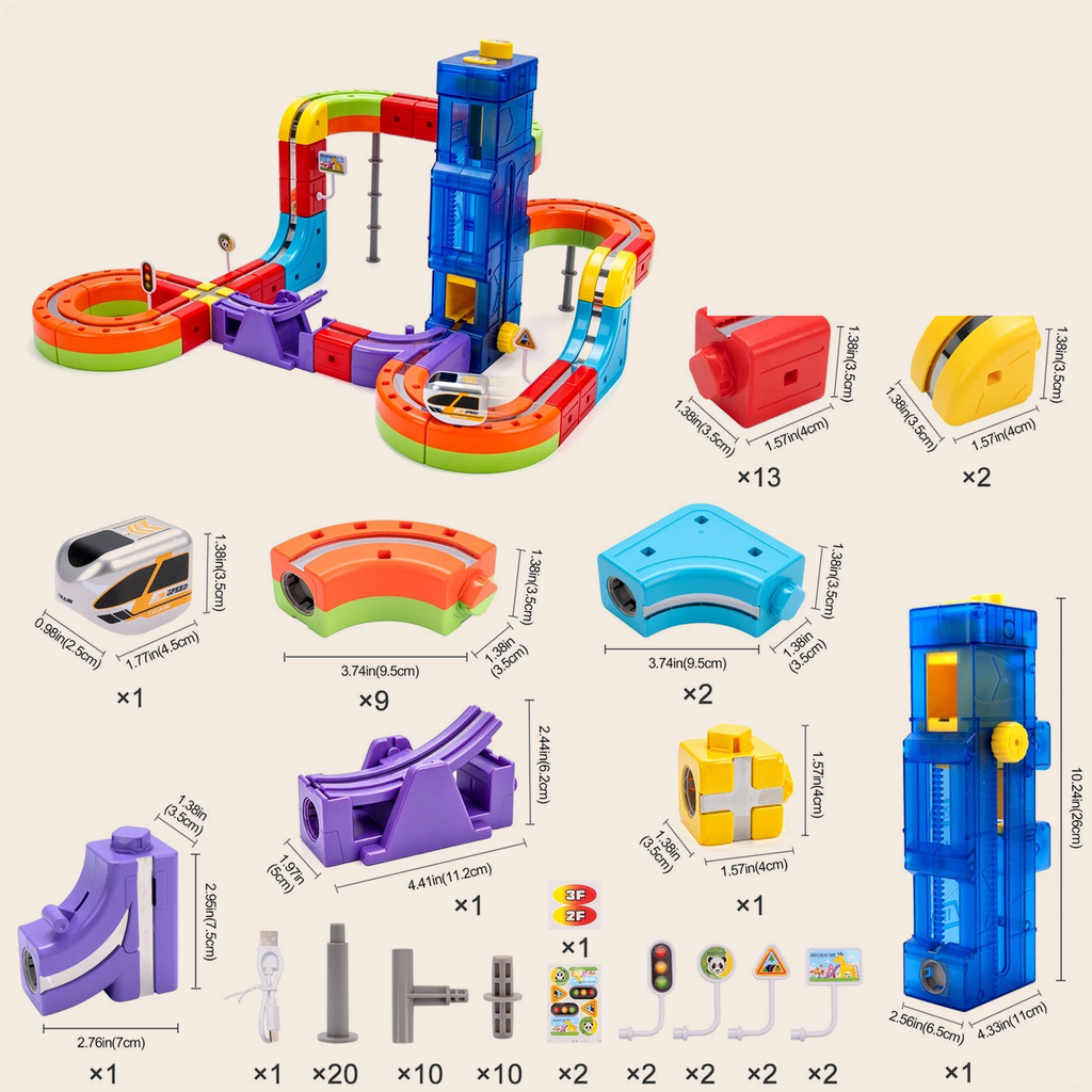 Magnetic Train Track Set with Lift Tower, 83 pieces: example layout and full list of included parts with sizes