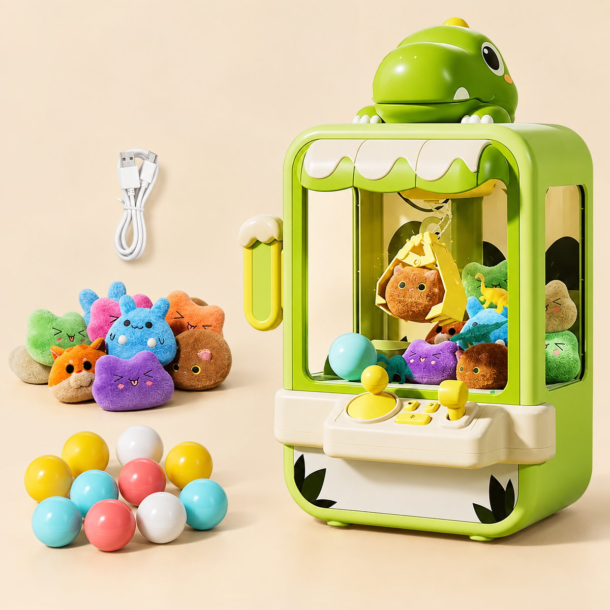 Dinosaur mini claw machine with plush prizes, capsules and USB cable