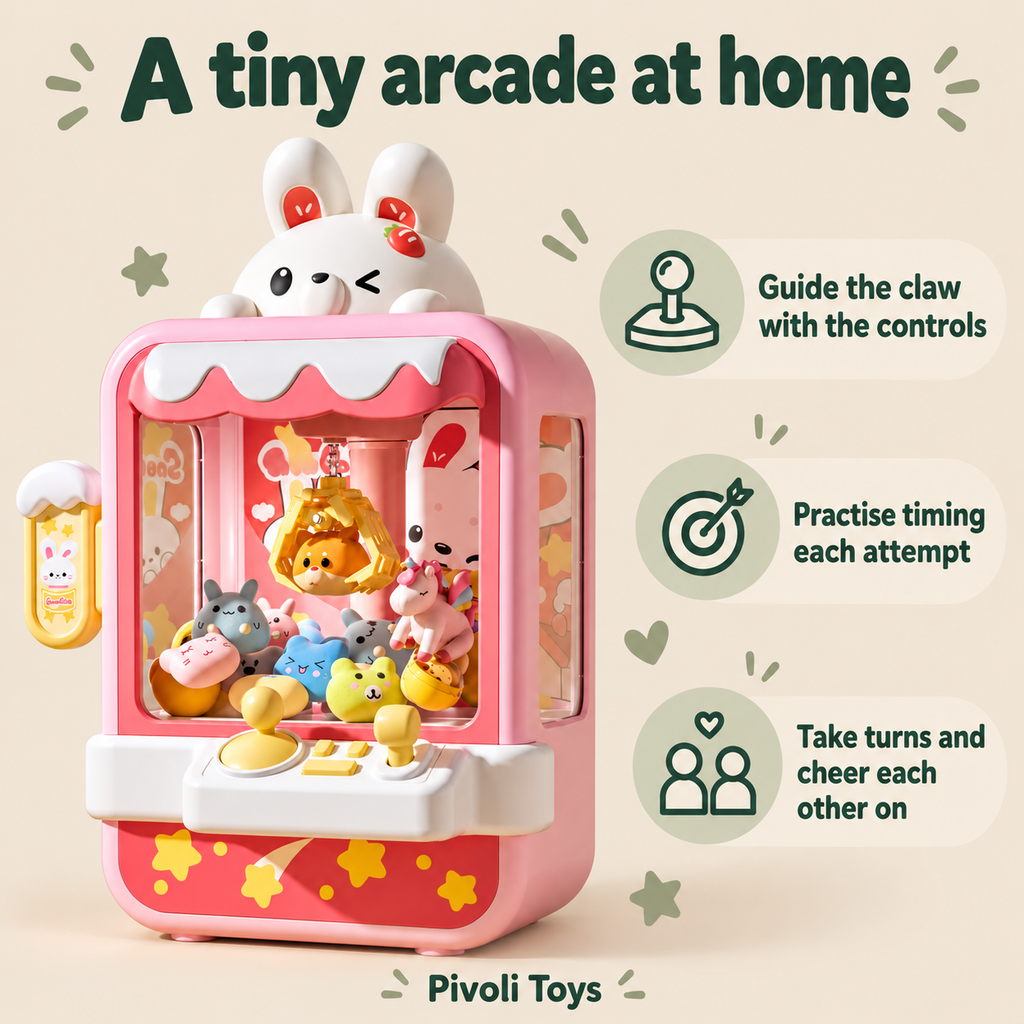 Mini Claw Machine - Rabbit or Dinosaur benefits: Guide the claw with the controls; Practise timing each attempt; Take turns and cheer each other on