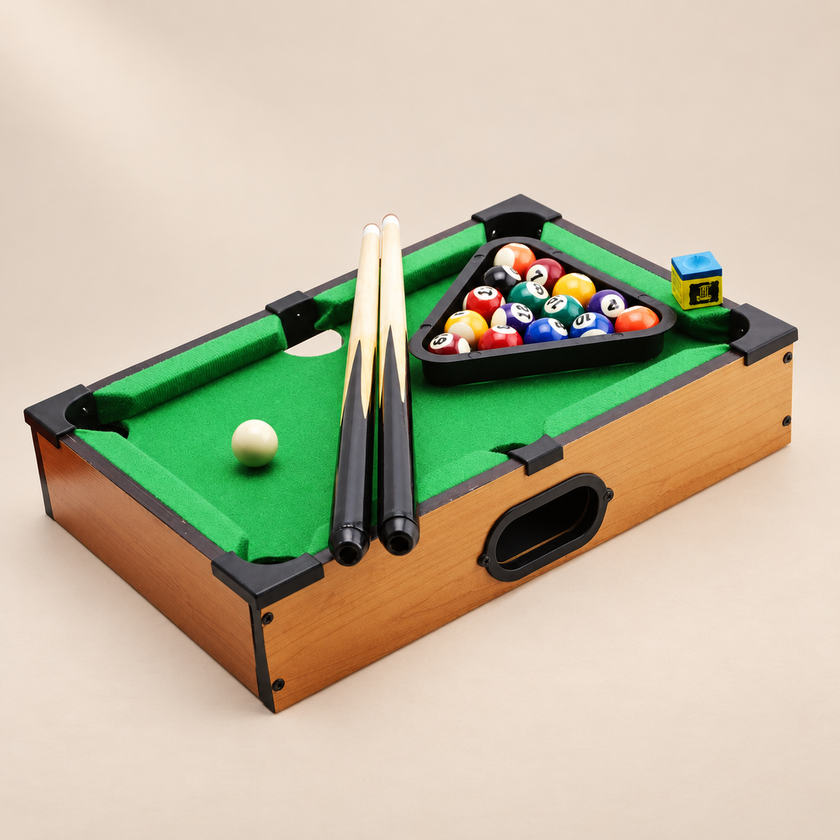 Mini Wooden Tabletop Pool Set — Pivoli Toys beige studio photograph