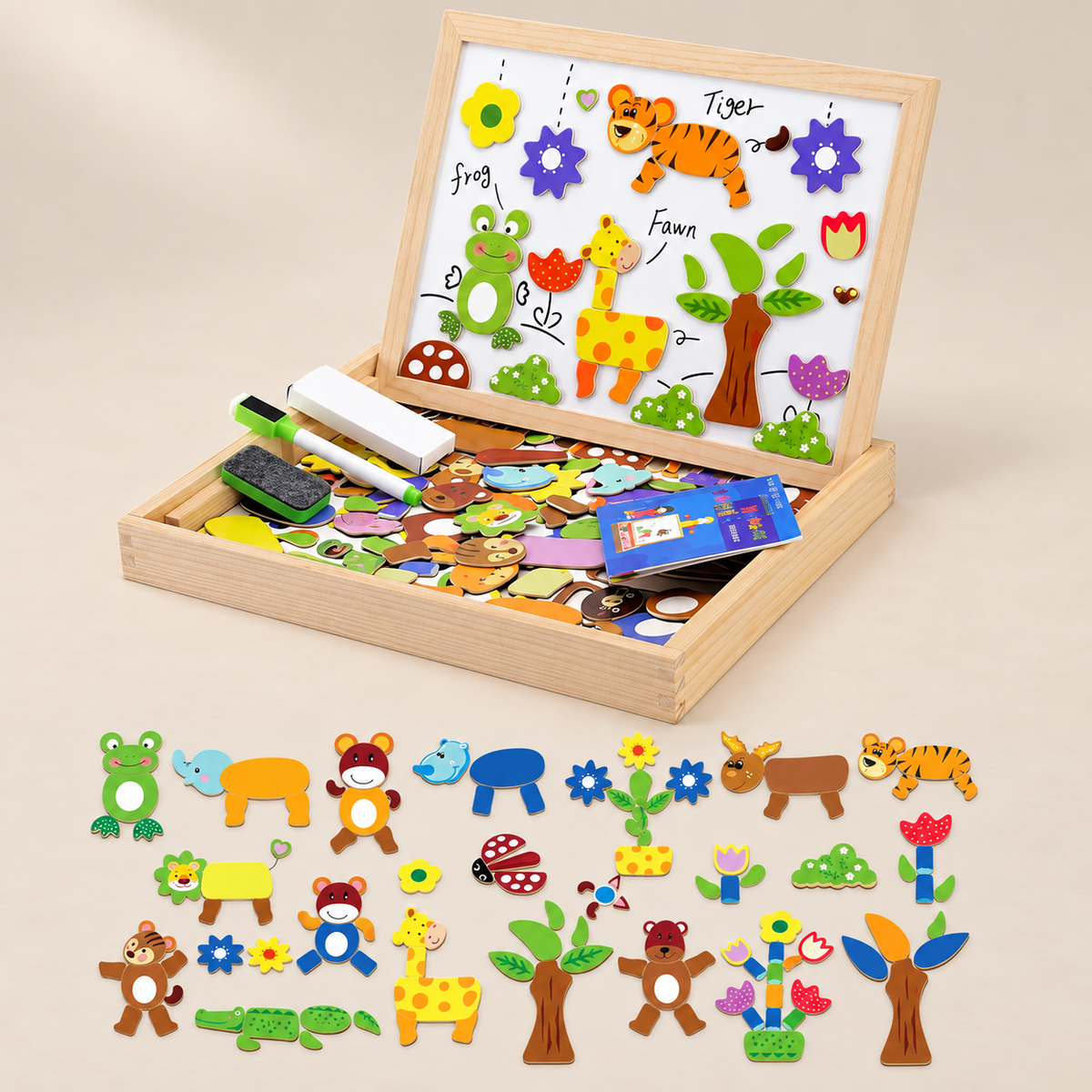 Wooden Magnetic Drawing Board and Animal Puzzle – Zoo Animals – Pivoli Toys