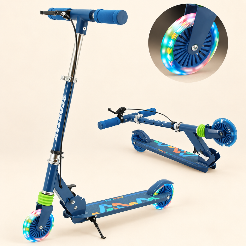 Kids 2-Wheel Folding Scooter with Light-Up Wheels – Blue – Pivoli Toys