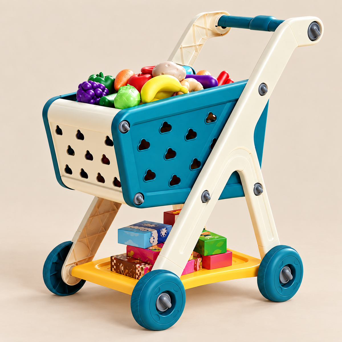 Toy Shopping Trolley with Play Food, 26 Pieces – Blue – Pivoli Toys