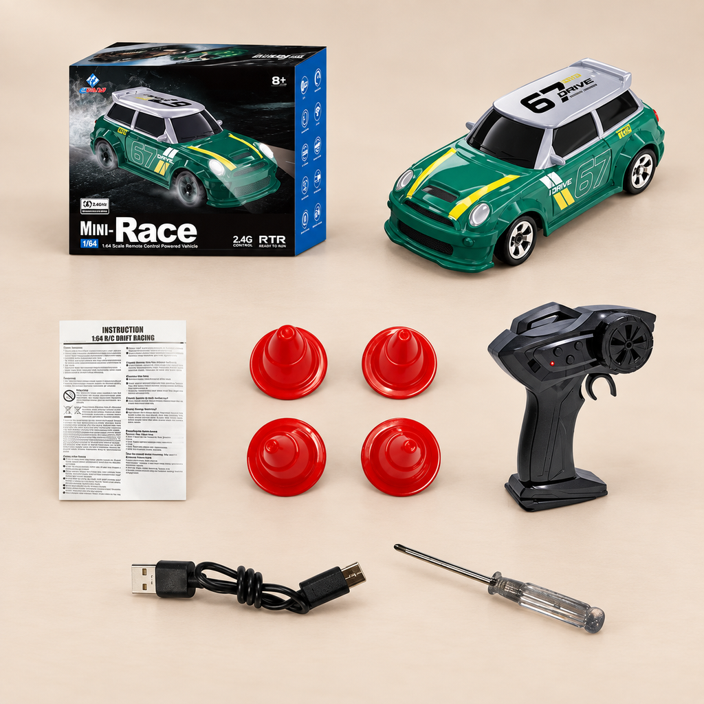 Mini RC Drift Car, 1:64 Scale – Green – Pivoli Toys