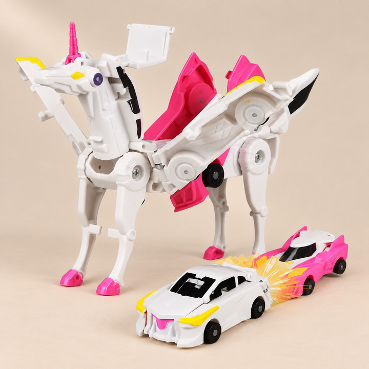 Magnetic Transforming Toy Car – White Unicorn – Pivoli Toys