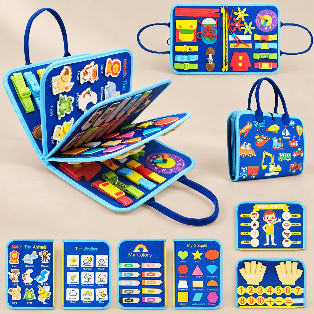 Felt Busy Book with Carry Handles – Blue – Pivoli Toys