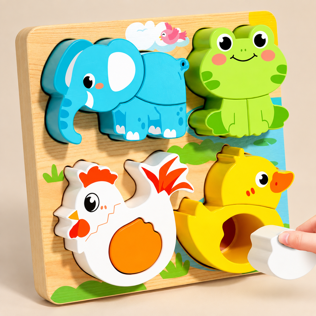 Wooden Puzzle Board, Animals or Vehicles – Elephant & Friends – Pivoli Toys