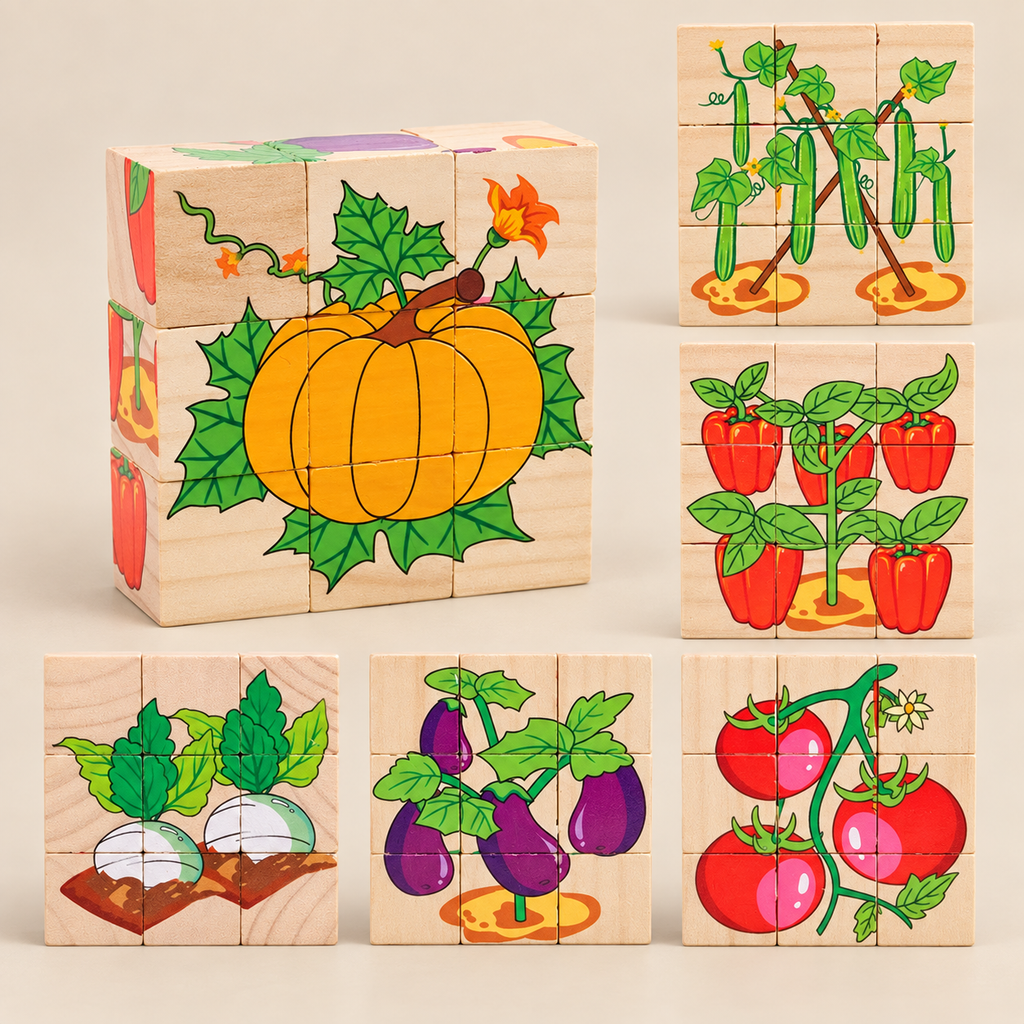 Wooden Cube Puzzle with 9 Blocks and 6 Pictures – Vegetables – Pivoli Toys