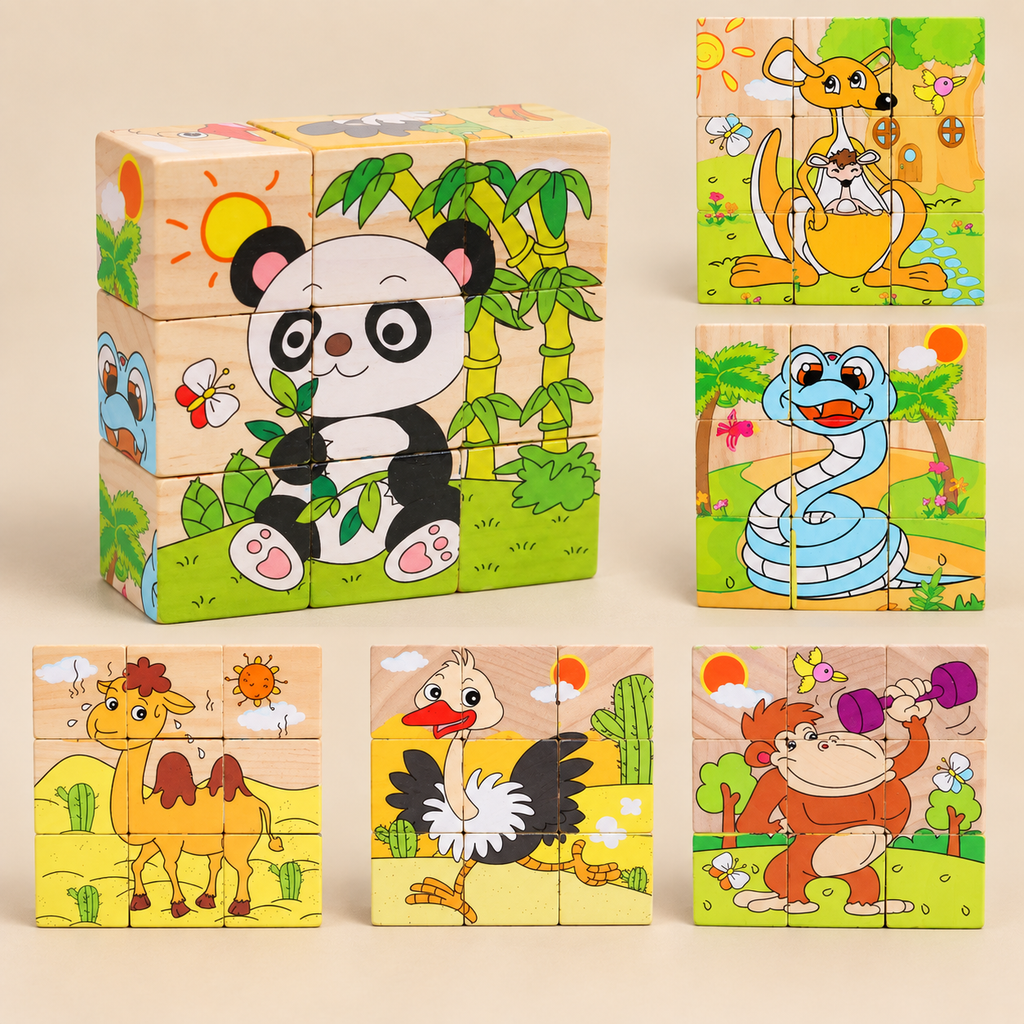 Wooden Cube Puzzle with 9 Blocks and 6 Pictures – Panda – Pivoli Toys