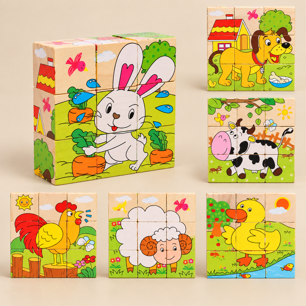 Wooden Cube Puzzle with 9 Blocks and 6 Pictures – Farm Animals – Pivoli Toys