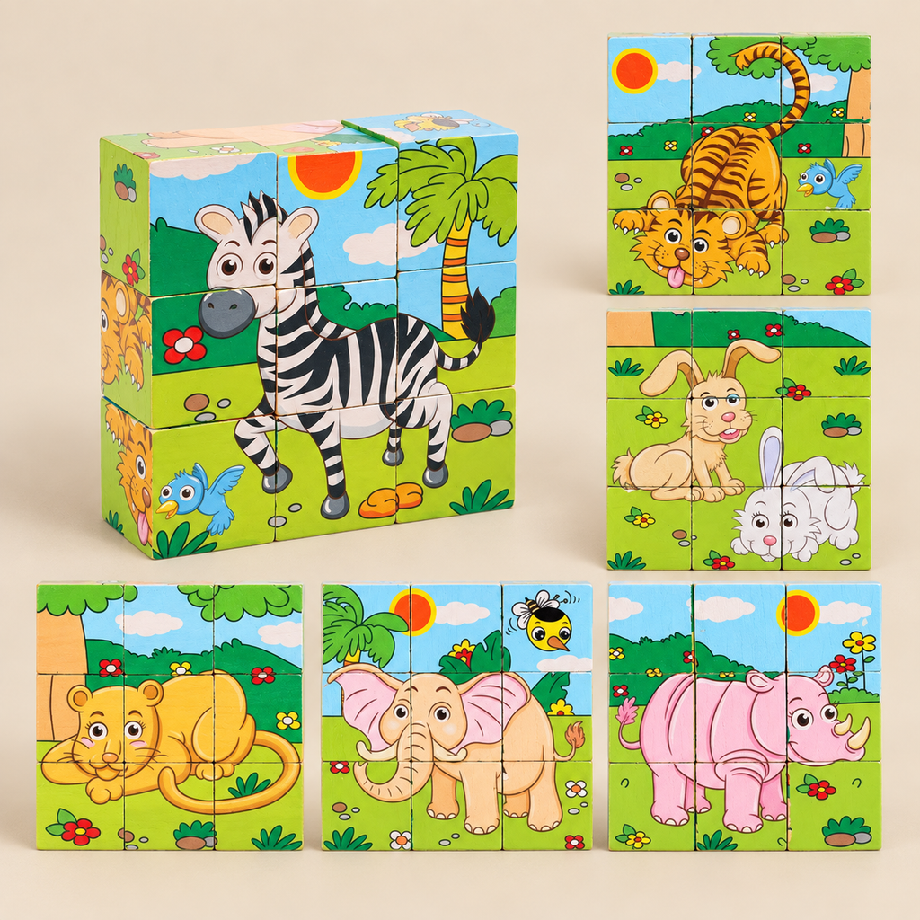 Wooden Cube Puzzle with 9 Blocks and 6 Pictures – Forest Animals – Pivoli Toys